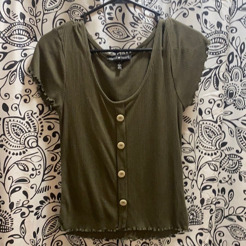 Size large dark green with buttons down the middle
